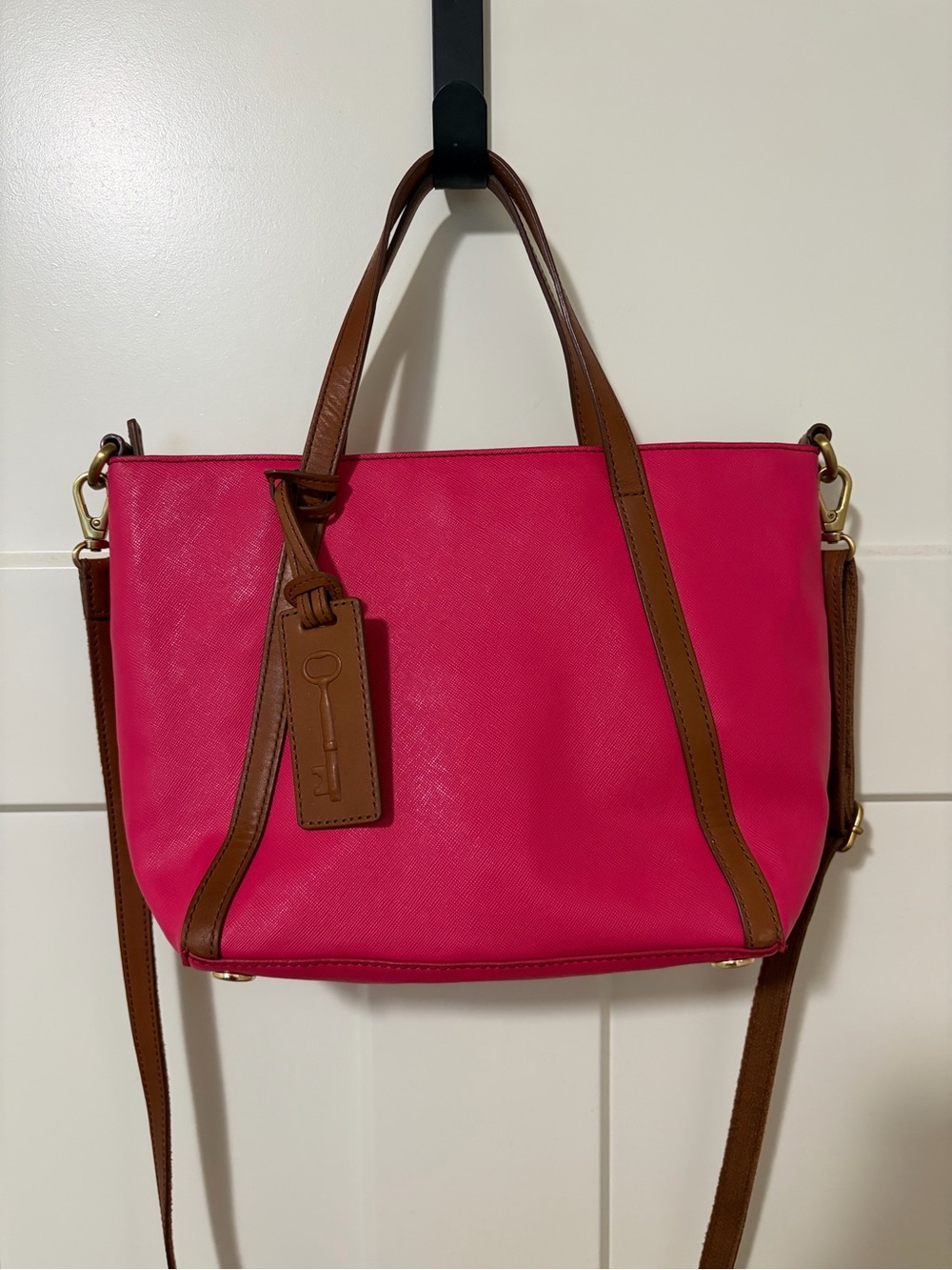 Fossil Ava Satchel Pink and Brown Saffiano Leather